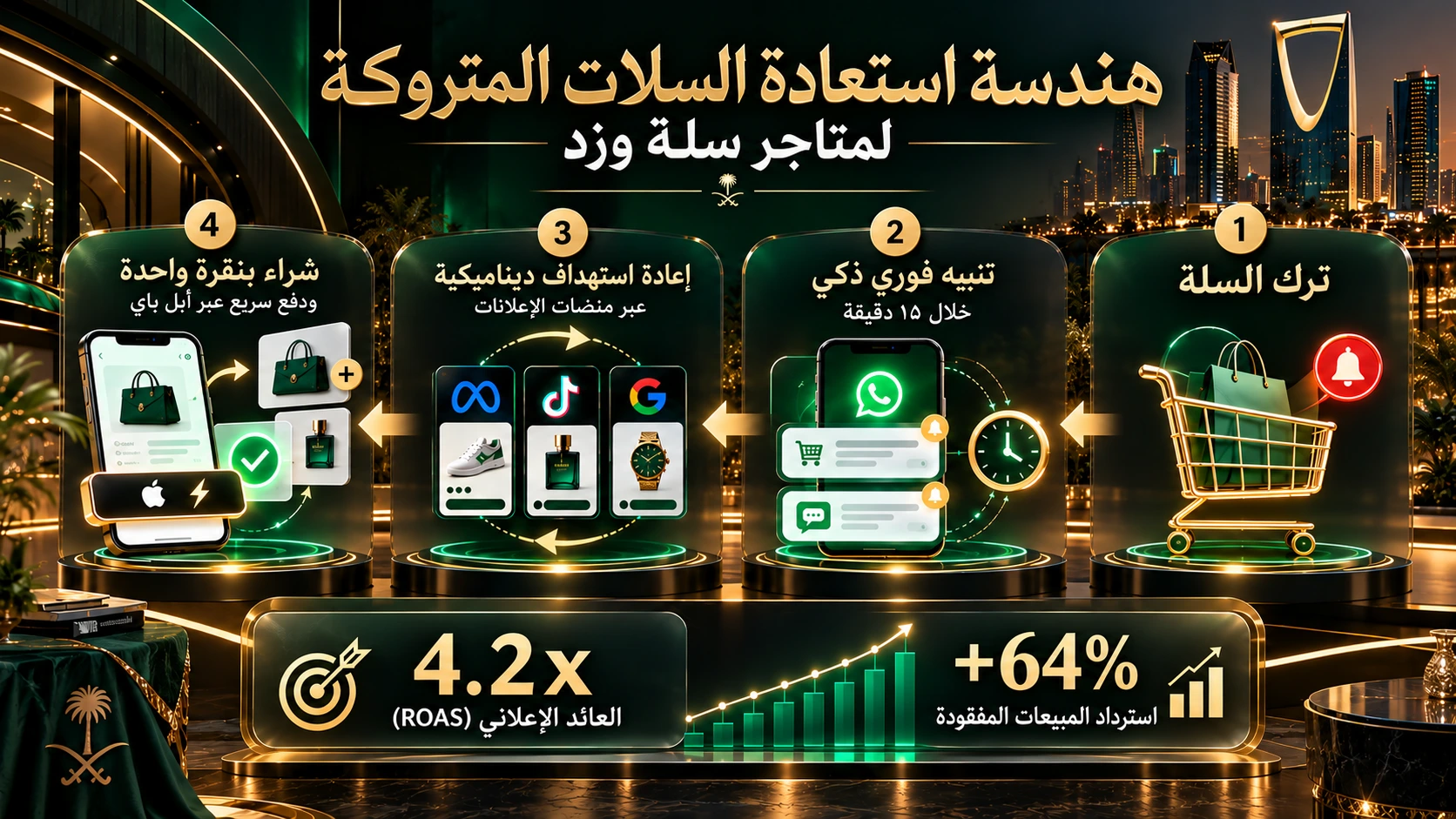 مخطط إنفوجرافيك لهندسة استعادة السلات المتروكة لمتاجر سلة وزد بالسعودية 2026
