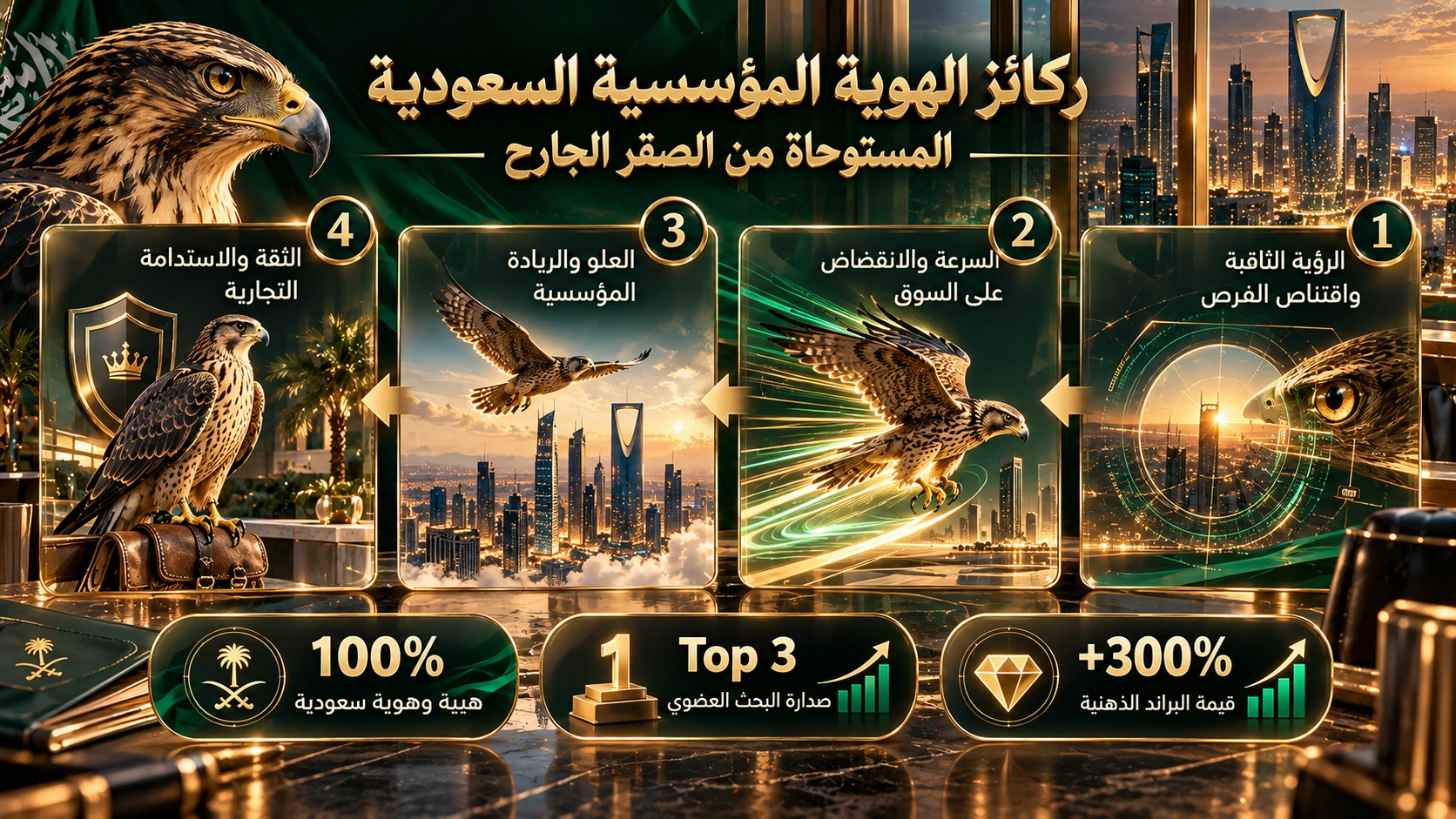 مخطط إنفوجرافيك لركائز الهوية المؤسسية السعودية المستوحاة من الصقر الجارح