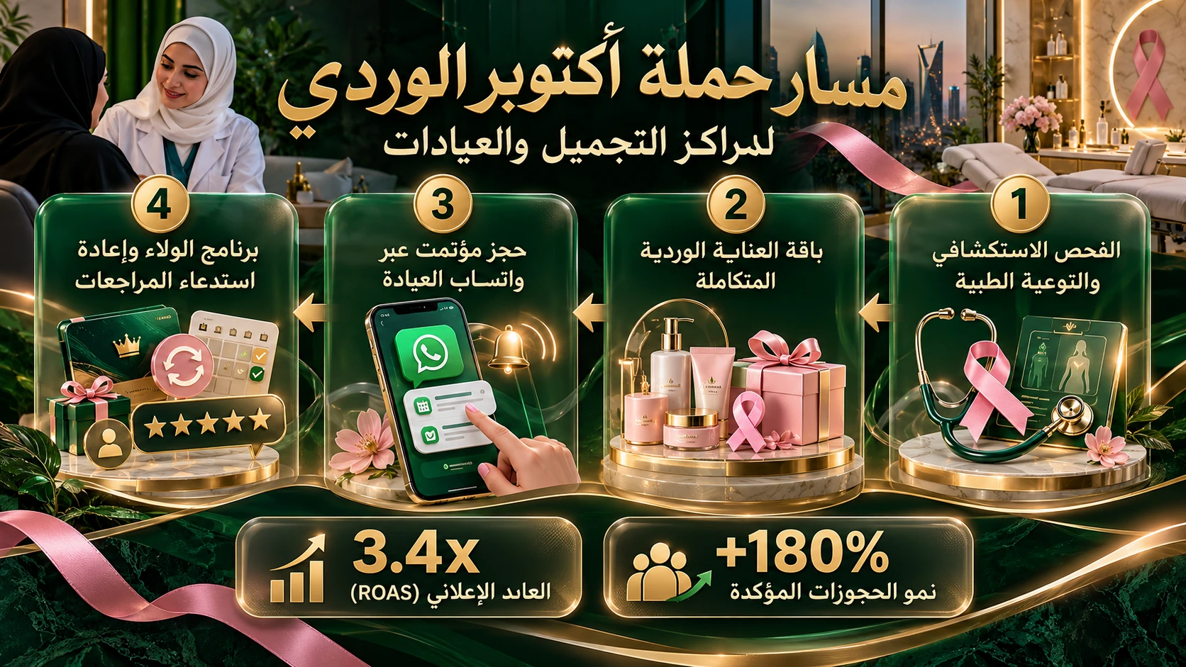 مخطط إنفوجرافيك لمسار حملة العيادات والمراكز الطبية في أكتوبر الوردي بالسعودية 2026