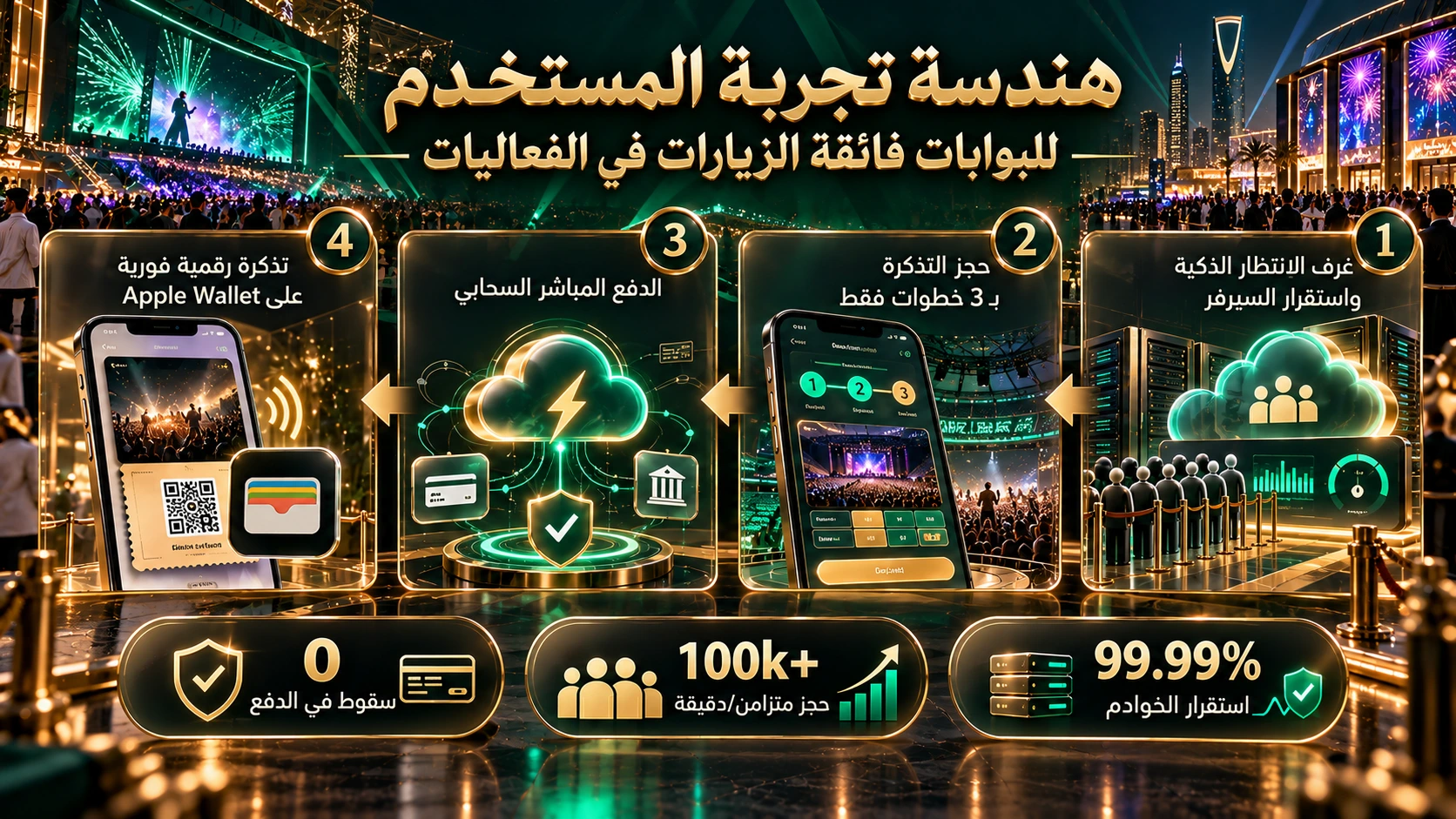 مخطط إنفوجرافيك لهندسة تجربة المستخدم واستقرار الخوادم في منصات الفعاليات الكبرى WeBook